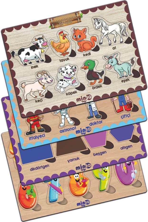 Wooden Turkish Farm Animals+professions+shapes+numbers Set of 4 Educational Puzzle