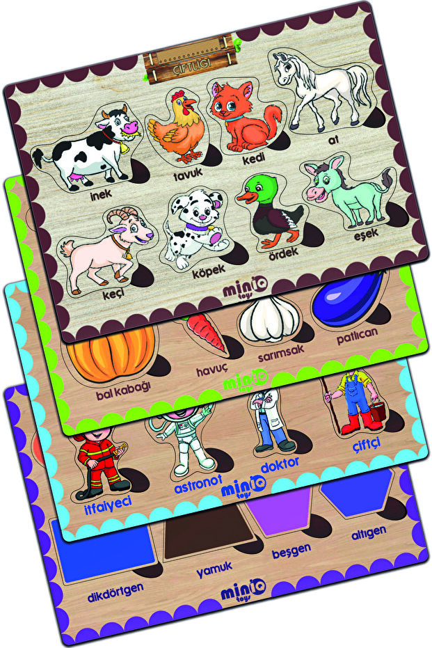 Wooden Turkish Farm Animals-vegetables-professions-shapes Set of 4 Educational-tutorial Puzzle