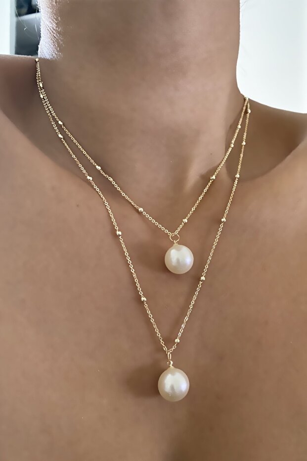 Two Rows of Pearl Pendant Gold Necklace
