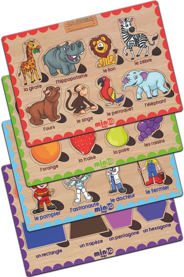 Wooden French Forest Animals-fruits-professions-shapes Set of 4 Educational-tutorial Puzzle