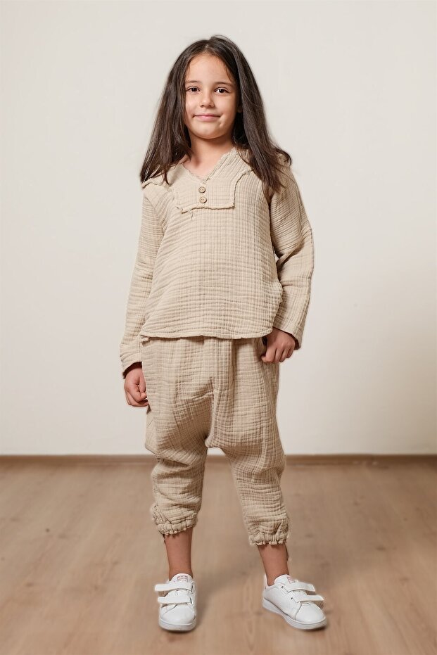 4 Layers Kids Muslin Shalwar Trousers Beige