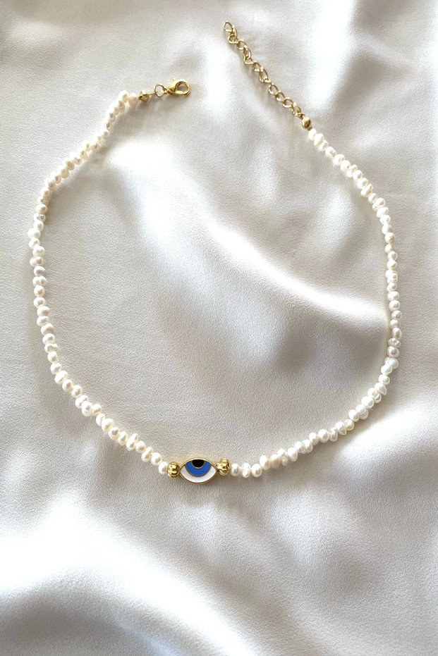 Natural Pearl Necklace with Evil Eye Detail