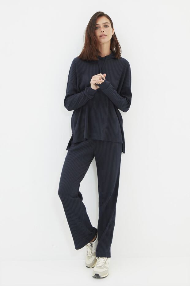 Lacivert Kapüşonlu Fitilli Örme Pijama Takımı THMAW22AU0334 - 4