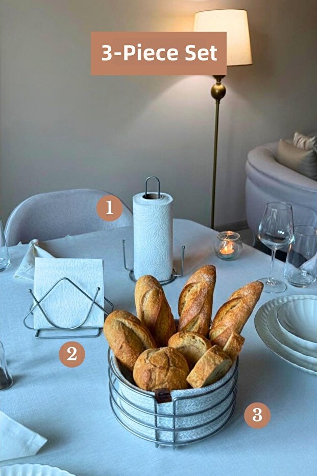 Set of 3 Matte Silver Triangle Napkin Holder Upright Paper Towel Holder Round Bread Basket Kitchen Set