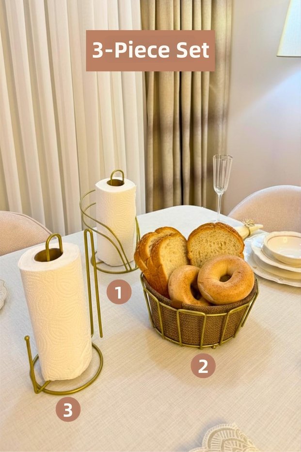 Set of 3 Matte Gold Swan Napkin Holder, Upright Paper Towel Holder, Oval Corner Bread Basket with Divider, Beige Kitchen Set