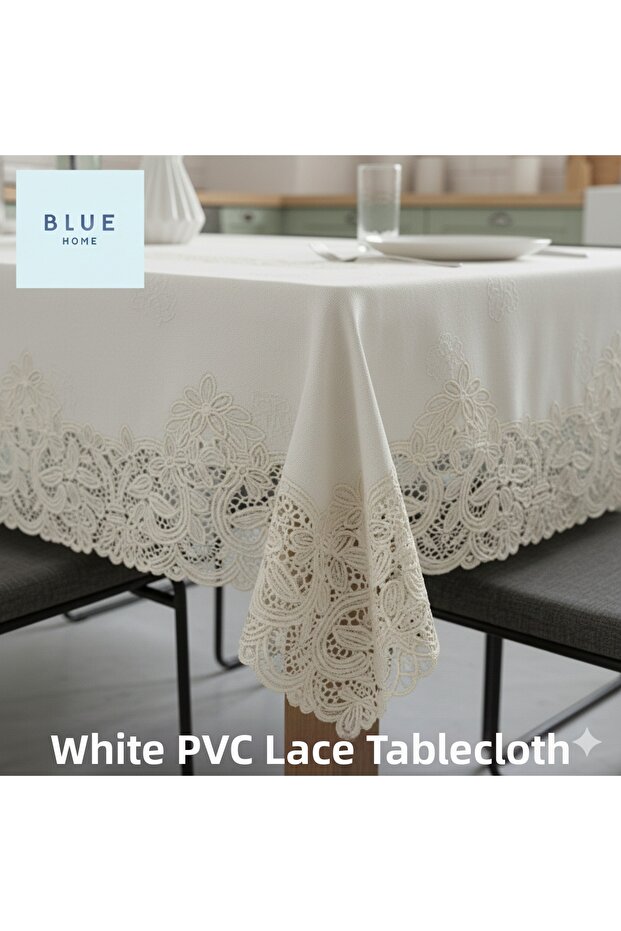 Lace-Look Non-Slip Liquid-Proof Hole-Free Kitchen Tablecloth with Floral Motif 120 X152 White