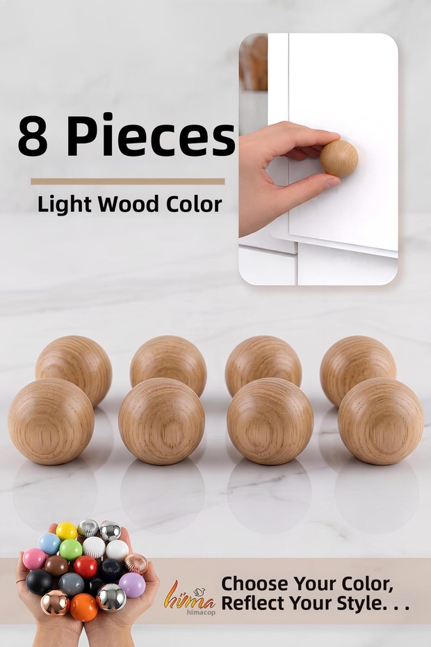8Pcs Hard Plastic Knob Round Ball Light Wood Color Cabinet Furniture Kitchen Cupboard Drawer Handle Ku