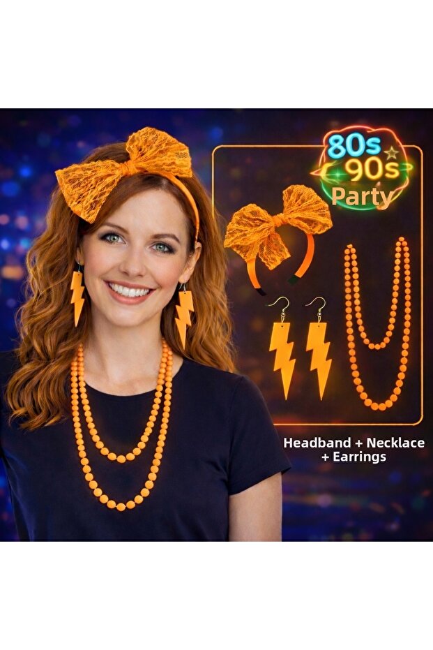 80S 90S Neon Orange Party Set – Necklace Earrings Crown (5492)