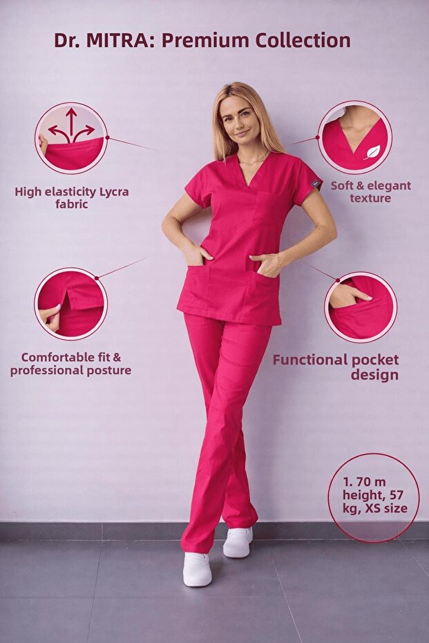 Fuchsia Stretch Fabric Nurse Doctor Uniform Unisex Surgical Set Scrubs Uniform