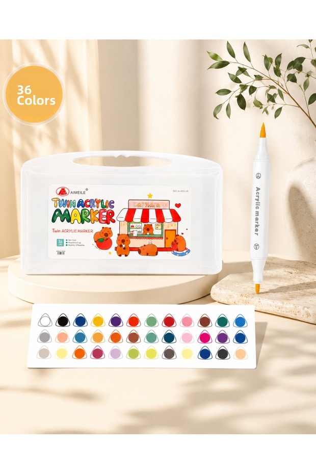Double-Ended Acrylic Marker Pen Set - Professional Set with Transparent Box, Soft Tip, 36 Pieces