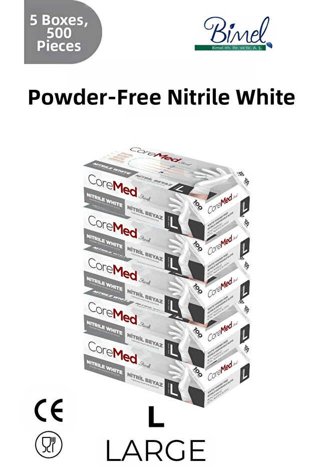 Nitrile White Examination Gloves L - 5 Packs of 100 Pieces