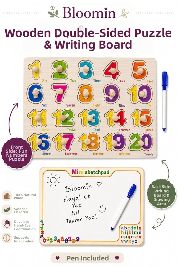 Wooden Double-Sided Bultak & Writing Board | Pen Included | Educational Montessori Baby Kids Toy