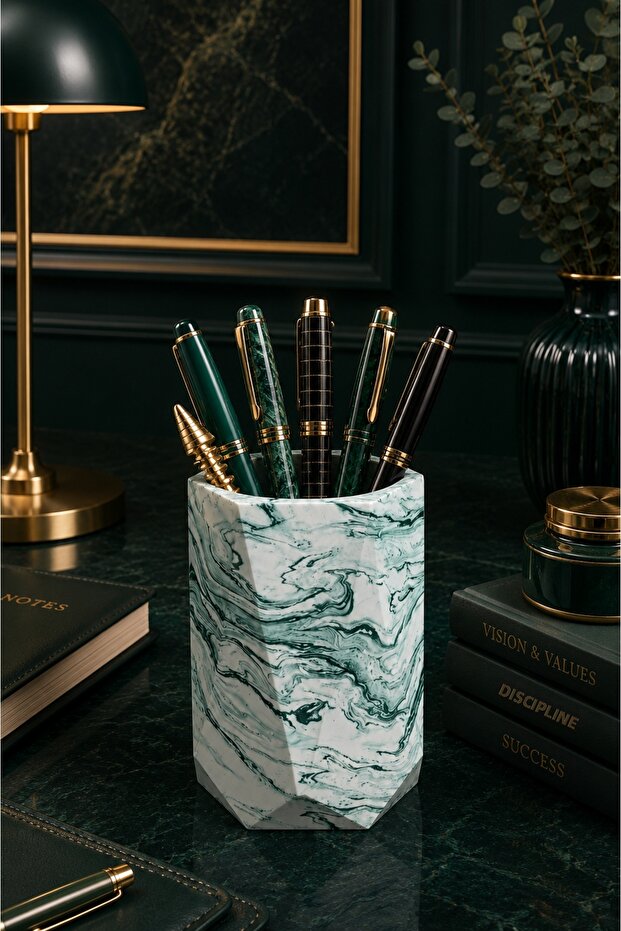 Marble Patterned Concrete Decorative Pen Holder – Stylish Modern Desktop Office Organizer (7X11 cm)