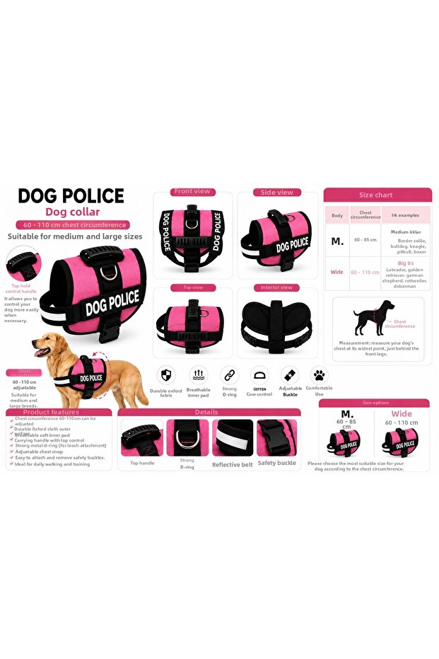 Dog Police Adjustable Dog Chest Harness Pink - Black (60-110 cm) - Kp-Dgplc-L-Pmb
