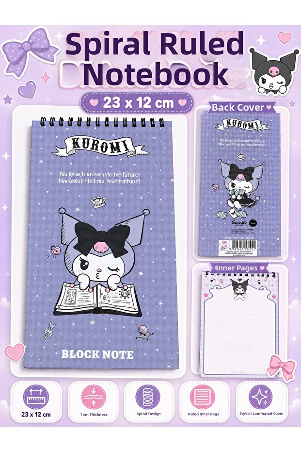 Spiral Lineated Notepad Notebook 23X12 cm Kuromi