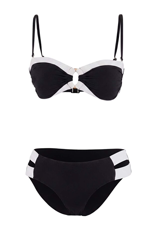 Siyah Beyaz Bloklu Straplez Kaplı Biyeli Hipster Normal Bel Bikini Takımı TBESS26BT00116 - 4