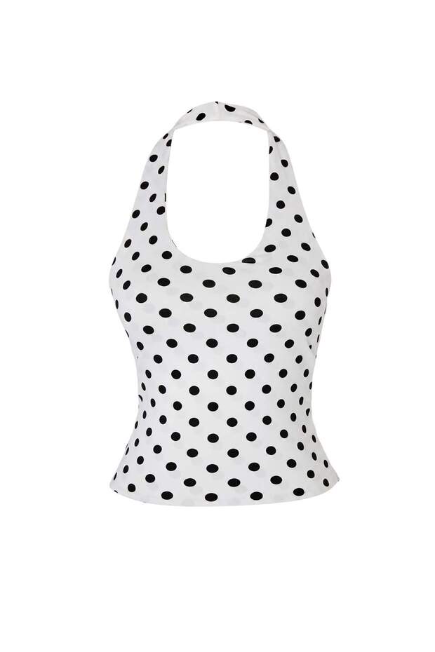 Ekru Puantiyeli Fitted/Vücuda Oturan Halter Yaka Kolsuz Crop/Kısa Esnek Örme Bluz TWOSS26BZ00929 - 5