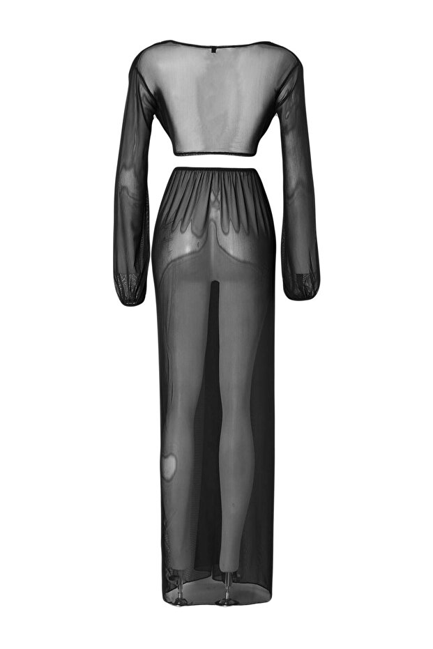Siyah Dokuma Cut Out Detaylı Transparan Plaj Elbisesi TBESS26LE00010 - 7