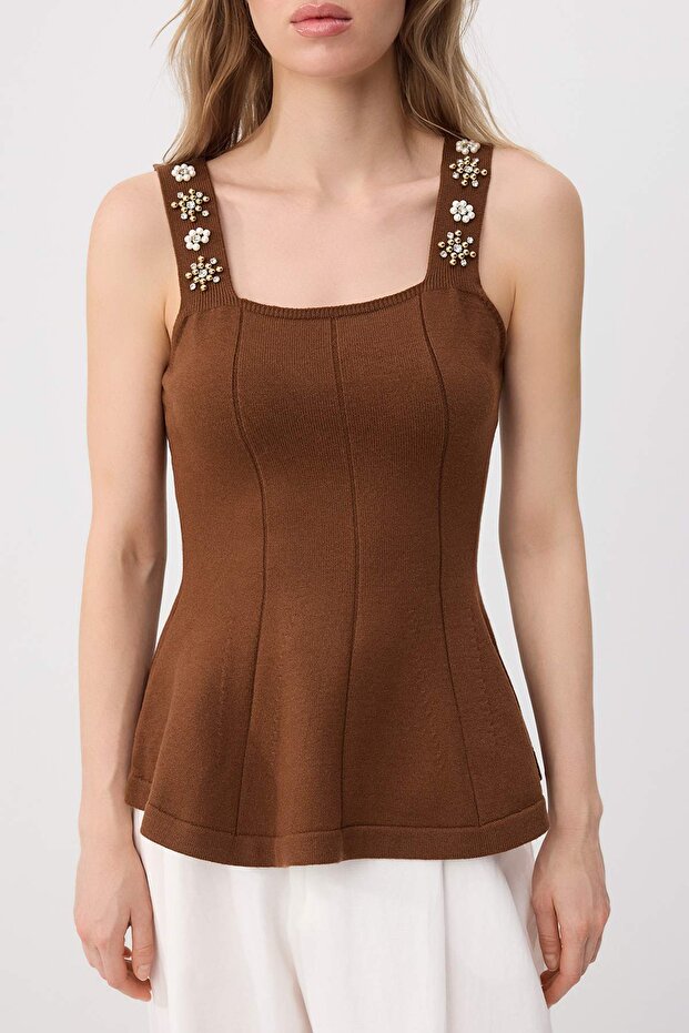 Kahverengi Kare Yaka Taşlı Peplum Triko İnce Bluz TWOSS26BZ00295 - 3