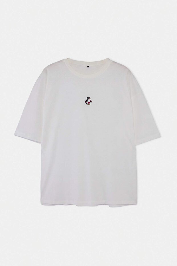 Büyük Beden Ekru Oversize Penguen Nakışlı %100 Pamuk T-shirt TMNSS24BF00013 - 4