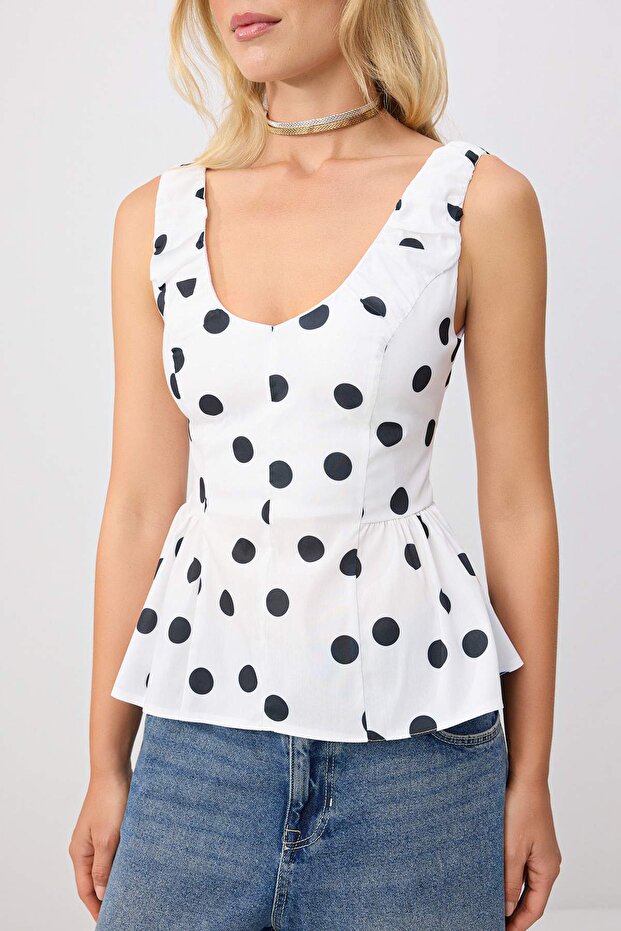 Beyaz Puantiye Desenli Poplin Dokuma Bluz TWOSS26BZ00542 - 3