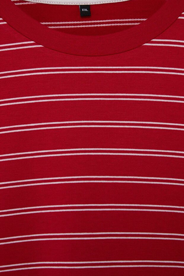 Bordo Çizgili Boxy/Relaxed Kalıp Kısa Kollu Pamuk Karışımlı Örme T-Shirt TBBSS26BF00088 - 5