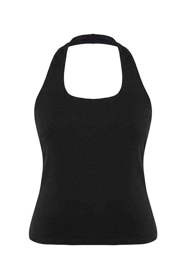 Siyah Yumuşak Dökümlü Kumaş Crop Örme Büyük Beden Atlet TBBSS26CV00028 - 4