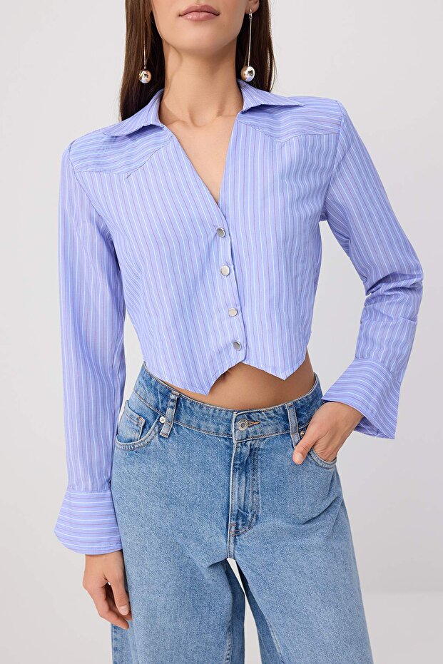Mavi-Çok Renkli Çizgili Mini Ekoseli Fitted Crop Gömlek TWOSS26GO00150 - 3