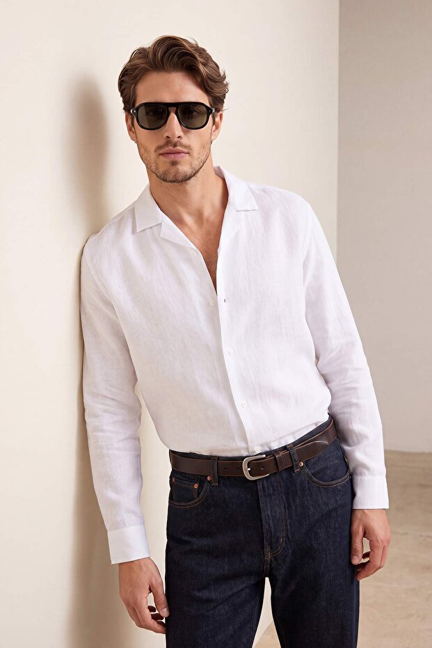 Beyaz Yarı Oversize İnce %100 Pamuk Erkek Plaj Gömlek TMNSS26GO00047 - 2