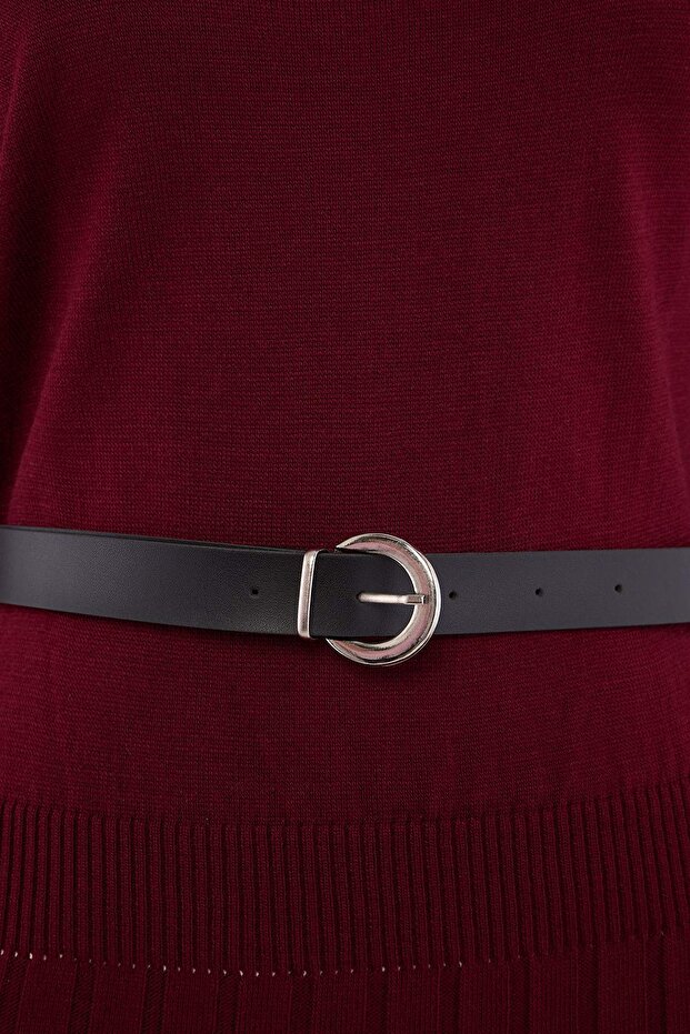 Bordo A-line Kayık Yaka Maxi Triko Kemerli Uzun Elbise TWOAW26EL00013 - 6
