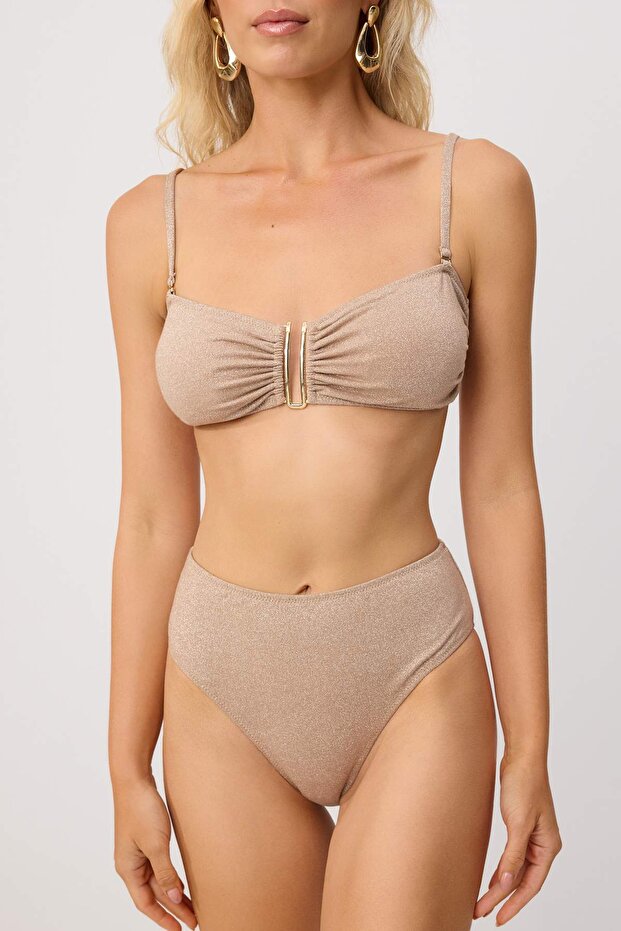 Vizon Simli Aksesuarlı Straplez Kaplı Regular Yüksek Bel Bikini Takımı TBESS24BT00054 - 3