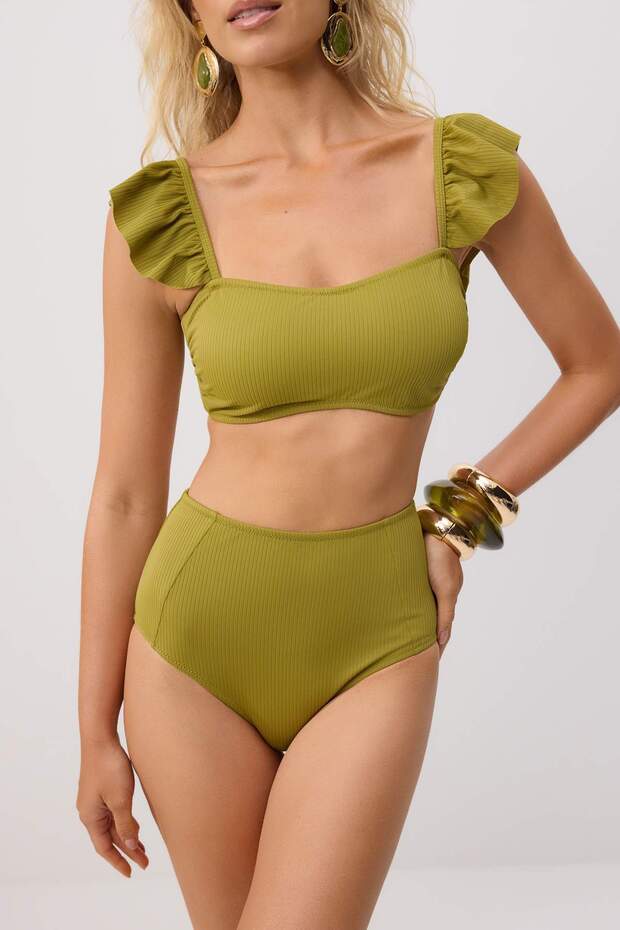 Yeşil Dokulu Fırfırlı Bralette Kaplı Hipster Yüksek Bel Bikini Takımı TBESS22BT0049 - 3