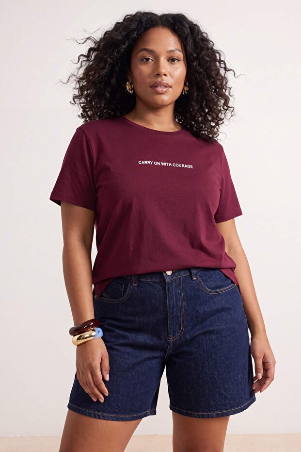 Mürdüm Fit Slogan Baskılı Bisiklet Yaka %100 Pamuk Örme Büyük Beden T-Shirt TBBSS23BF00022