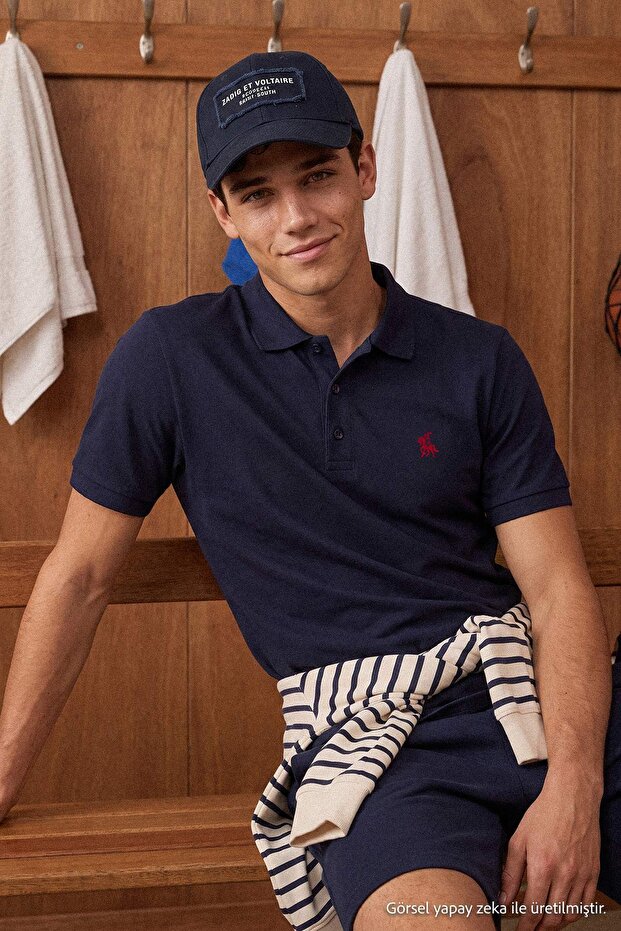 Lacivert Regular/Normal Kesim At Nakış Detaylı Polo Yaka T-shirt TMNSS25PO00017 - 3