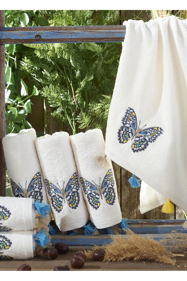 50 X 90 Hand-Embroidered & Tasseled Cotton Towel Cream (Pack of 6) - Code 8200
