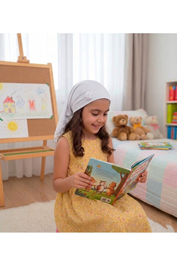 Girl's Viscose Triangle Bonnet - Flexible Children's Bonnet with Handmade Lace and Rose Details, Plain.