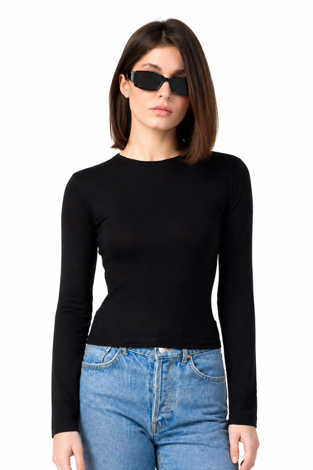 Black Crew Neck Basic Long Sleeve Bodysuit - 1