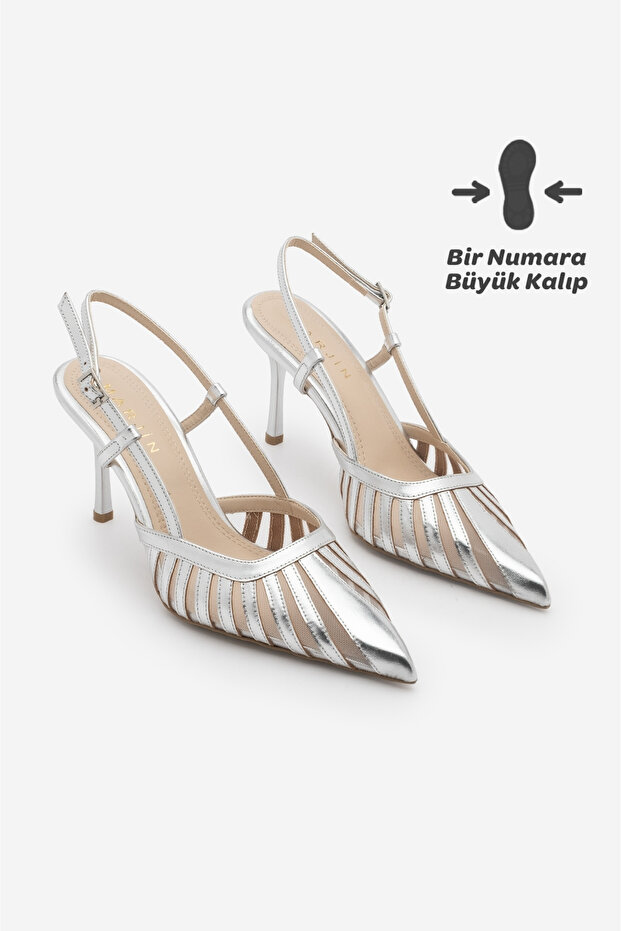 Women's Stiletto Pointed Toe Back Strap Ribbon Detailed Mesh Classic Heeled Shoes Sivon Silver