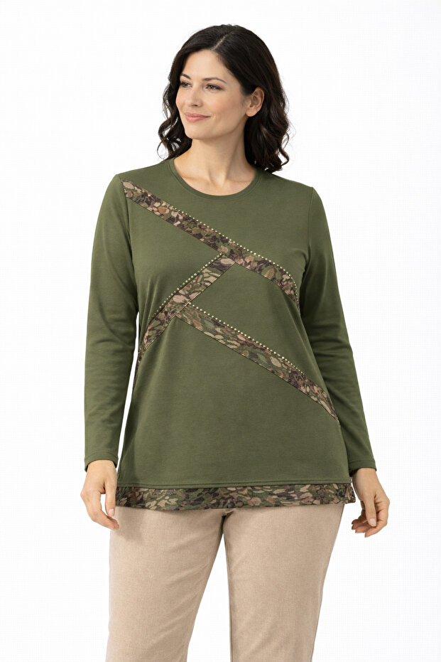 Women's Middle Age and Above Laser Print Patterned Mother Combed Cotton Blouse 30581