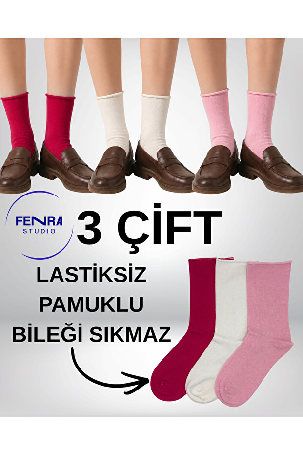 3-Piece Women's Cotton Seamless Toe Socks, Non-Elastic, Comfortable Daily Socks, Fuchsia White