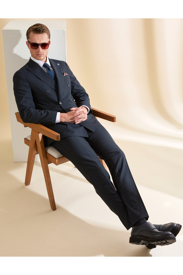 Navy Blue Extra Slim Fit Striped Double Breasted Suit 50319630-Vr033