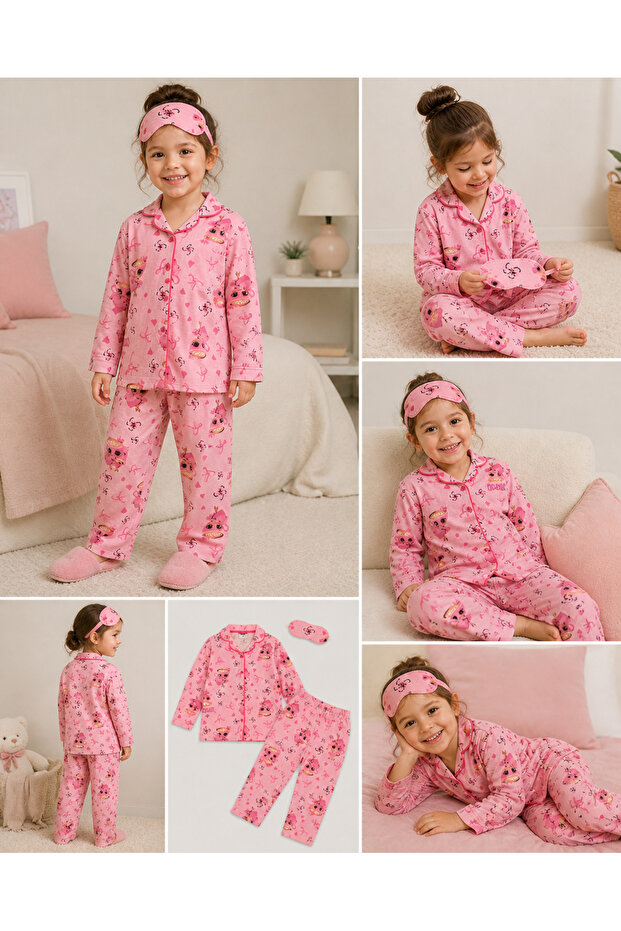 Girl's Buttoned Cotton Pajama Set - Eye Mask Included