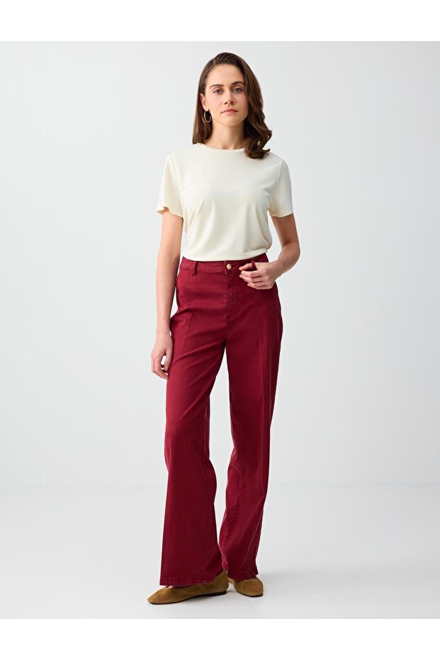 Burgundy Regular Waist Spanish Style Woven Long Trousers
