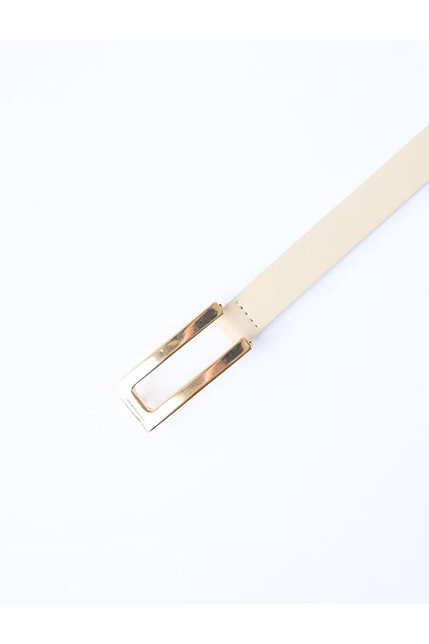 Beige Metal Buckle Leather Look Thin Belt