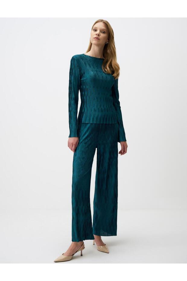 Petrol Green Relaxed Fit Wide Leg Janjan Knitted Trousers