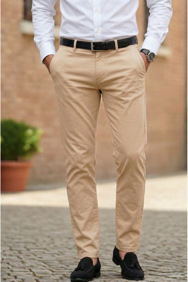 Men's Kumbeji Gabardine Cotton Slim Fit Flexible Office Style Chino Trousers