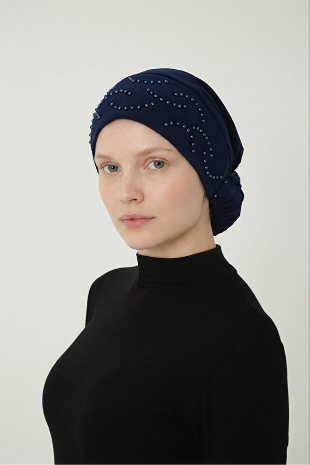 Buttoned Navy Blue Ready-To-Wear Turban Hijab Cap Suitable for Medical Use