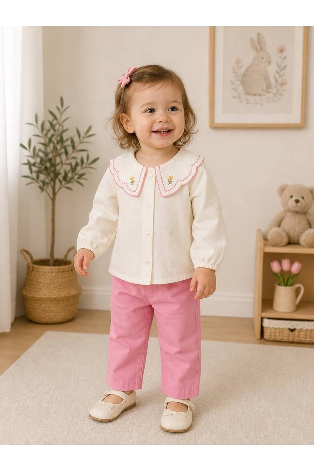 Baby Girl Embroidered Collar Detailed Shirt & Pink Trousers 2-Piece Set 100% Cotton