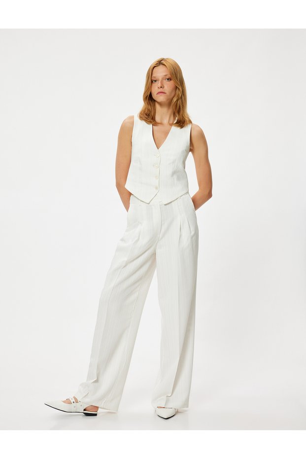 Palazzo Trousers High Waist Pleated Detailed Textured Viscose Fabric with Pockets