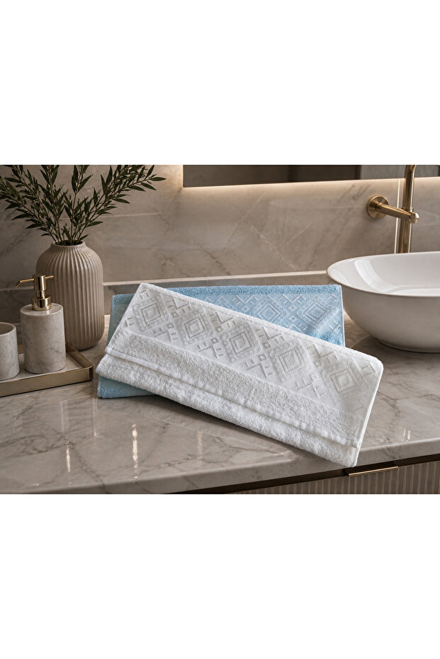 2 Pieces 100% Cotton Jacquard Hand and Face Towels 47X82 cm – Soft, Absorbent, Patterned Dowry & Guest Towels